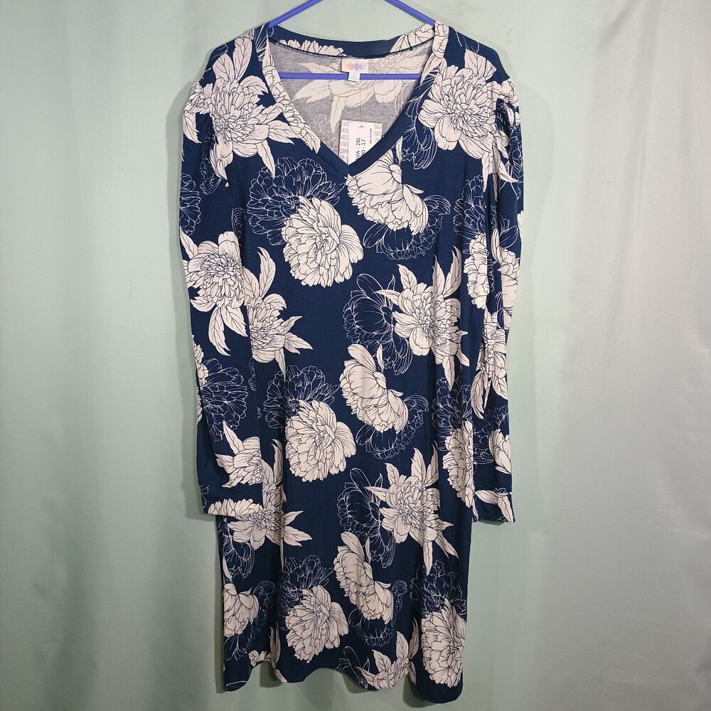 LuLaRoe Navy White Floral Swing Dress Long Sleeve V Neck Casual Dress NWT